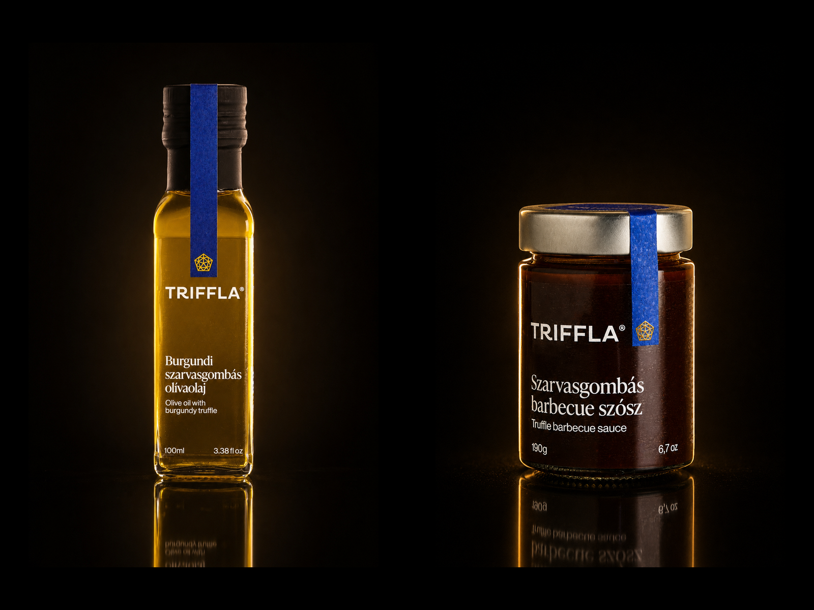 Premium Everyday Truffle Pair - Amber & Truffle — Burgundy Truffle Olive Oil and Truffle Barbecue Sauce presented together