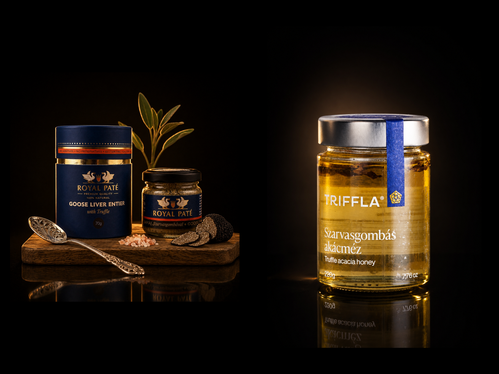 Premium Hungarian Indulgence Pair - Amber & Truffle — goose liver entier with truffle and acacia honey with truffle presented together